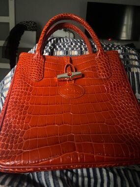 Longchamp Roseau Leather Handbag -Croc Embossed Orange statement bag